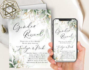 Gender Reveal Phone Evite+Printable Invite, Gold Greenery Succulents, Eucalyptus, Boy Or Girl, Botanical Bohemian, He Or She Reveal Party