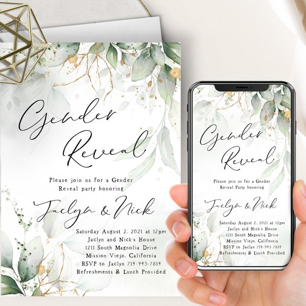 Gender Reveal Phone Evite+Printable Invite, Gold Greenery Succulents, Eucalyptus, Boy Or Girl, Botanical Bohemian, He Or She Reveal Party
