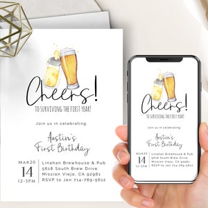 Brauen ersten Geburtstag Telefon Evite + druckbare einladen, Prost auf das erste Jahr, 1st Geburtstag, Flaschen und Bier, wir haben das erste Jahr überlebt