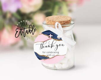 Watercolor Communion Tag, Pink Watercolor, Navy Blue Watercolor, Pink Cross, Party Favor Tags, DIY Printable Tags, Thank You, Agate Geode