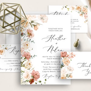 Wildflower Cottage Floral Wedding Invitation, Dusty Rose, Cream Floral, Greenery Eucalyptus, Blush Pink Roses, Spring, Fall, Wedding Invite