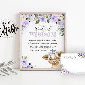 Purple Floral Highland Cow Words of Wisdom Activity, Baby Calf, Lavande Floral, Cartes de conseils, Shower de bébé fille, Animal de la ferme, Veau