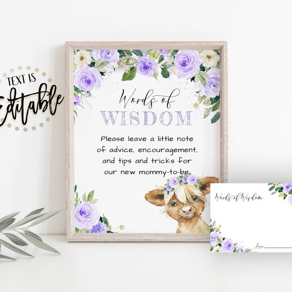 Purple Floral Highland Cow Words Of Wisdom Activity, Baby Calf, Lavender Floral, Advice Cards, Girl Baby Shower, Farm Animal, Calf