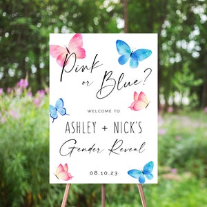 Butterfly Gender Reveal Welcome Sign, Pink And Blue Watercolor Butterflies, Boy Or Girl, Reveal Party Welcome Poster, He Or She
