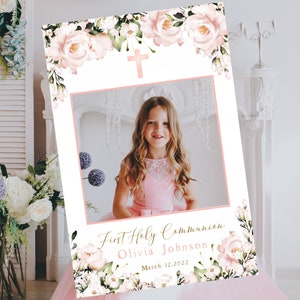 First Holy Communion Photo Booth Selfie Frame, Blush Pink Floral Watercolor, Cross, 1st Communion Decorations, Digital Photo Booth Frame image 1