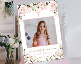 Eerste heilige communie Photo Booth Selfie Frame, Blush Pink Floral aquarel, kruis, 1e communie decoraties, digitale Photo Booth Frame