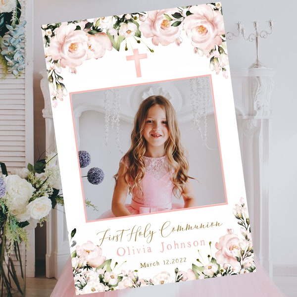 First Holy Communion Photo Booth Selfie Frame, Blush Pink Floral Watercolor, Cross, 1st Communion Decorations, Digital Photo Booth Frame