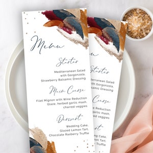 Burgund Marine Abstrakte Hochzeit Menü Vorlage, Terrakotta gebrannt Orange Gold Aquarell Splash, minimalistisch, Tee Länge, DIY bearbeitbar, modern