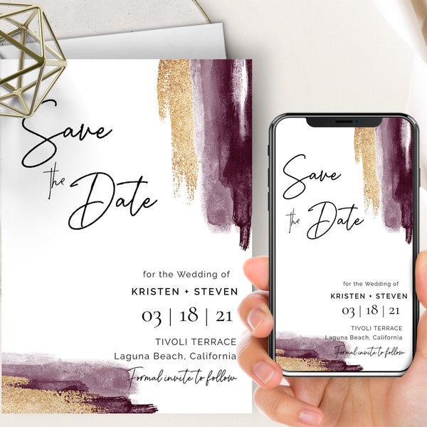 Merlot Burgundy Watercolor Save The Date Phone Evite+Printable Invite, Cabernet And Gold Paint Strokes, Electronic, Modern, Minimalist