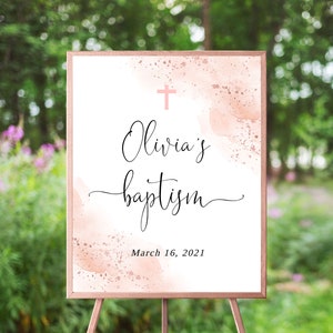 Rose Gold Watercolor Baptism Welcome Sign, Blush Pink Watercolor Splash, Christening, Pink Cross, Girl Dedication Decor, Printable Template
