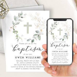 Botanical Greenery Baptism Evite, Electronic Invitation, Girl Or Boy, Bohemian Gold Eucalyptus, Christening, Digital Invite, Cross, Sage