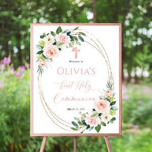 Pink Floral Communion Welcome Sign, First Holy Communion, Blush Pink Floral Watercolor, Cross, Gold Frame, Girl, Communion Decor, Template