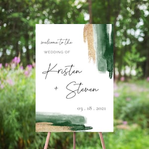 Emerald Collection, Wedding Welcome Sign, Green And Gold Watercolor Splash, Abstract Minimalist, Gold Glitter, Minimalism,Modern Calligraphy
