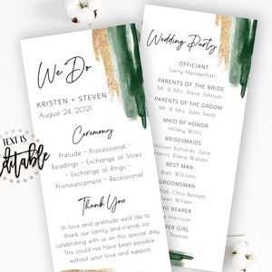 Emerald Gold Wedding Program Template, Printable Ceremony Template, Green And Gold Watercolor Paint, Wedding Party, Tea Length, Editable