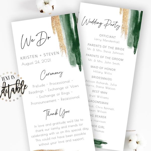 Emerald Gold Wedding Program Template, Printable Ceremony Template, Green And Gold Watercolor Paint, Wedding Party, Tea Length, Editable