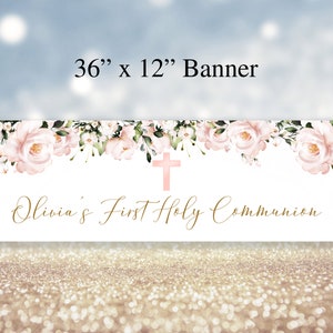 Rosa Blumen erste heilige Kommunion Banner, 1.Kommunion, erröten rosa Blumen, rosa Kreuz, Hintergrund, Mädchen Taufe Banner, Text ist bearbeitbar