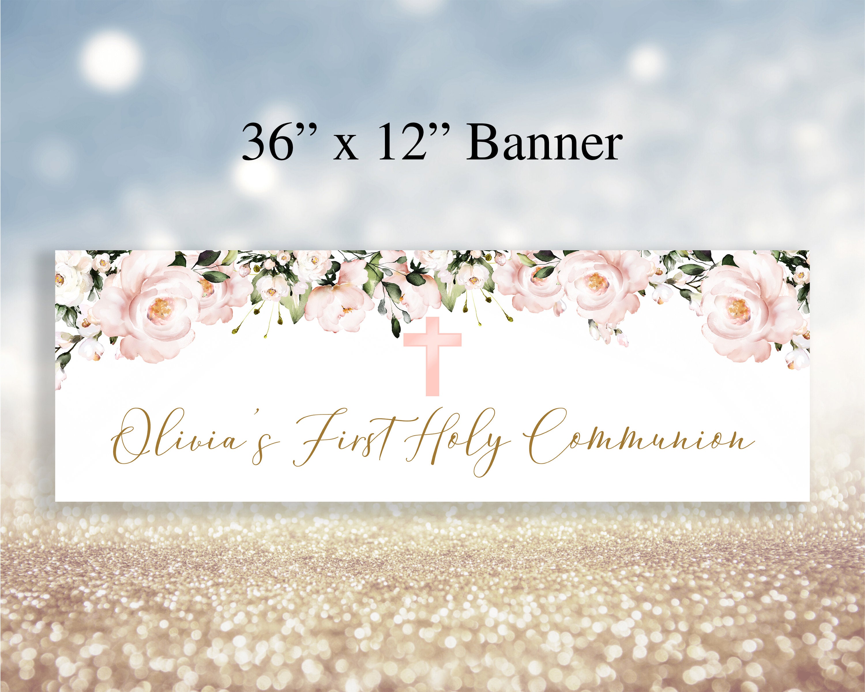 Rosa Blumen erste heilige Kommunion Banner, 1.Kommunion, erröten rosa Blumen, rosa Kreuz, Hintergrund, Mädchen Taufe Banner, Text ist bearbeitbar