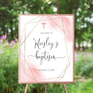 Pink Watercolor Baptism Welcome Sign, Gold Frame Blush Pink, Christening, Pink Cross, Girl Dedication Decor, Printable Template, Editable