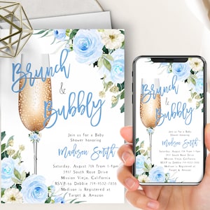 Blue Floral Brunch And Bubbly Baby Shower Phone Evite+Printable Invite, Baby Blue Flowers, Boy, Champagne Flute, Electronic Digital