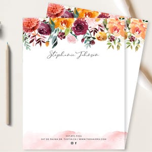 Plantilla de membrete floral, flores de Marsala, papelería comercial, rosa, naranja y rojo, personalizable y personalizable, para cualquier negocio, tamaño carta (EE. UU.)