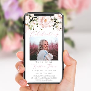 Celebration Of Life Evite, Blush Pink Roses, Boho Floral, Funeral Memorial Announcement For Women, Electronic Invitation, Female