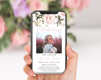 Celebration Of Life Evite, Blush Pink Roses, Boho Floral, Funeral Memorial Announcement For Women, Electronic Invitation, Female