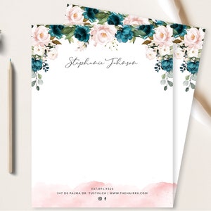 Plantilla de membrete floral, Papelería comercial, Flores rosadas y turquesas, DIY personalizado autoeditable, Cualquier empresa, Tamaño carta de EE. UU.