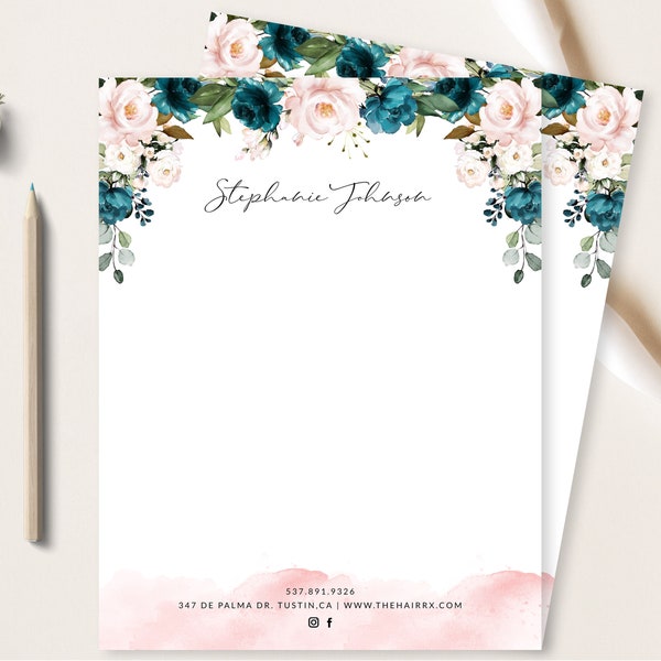 Floral Letterhead Template, Business Stationary, Blush Pink And Turquoise Flowers, Self-Editable Custom DIY, Any Business, US Letter Size