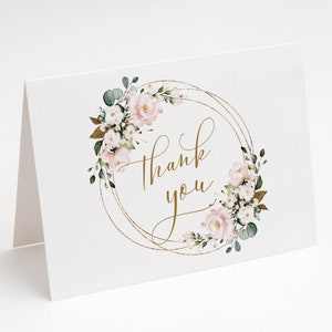 Rosa Blumen-Dankeschön-Vorlage, Goldrahmen, rosa Blumen, faltbare Dankeskarte, Erstkommunion, Taufe, Babyparty