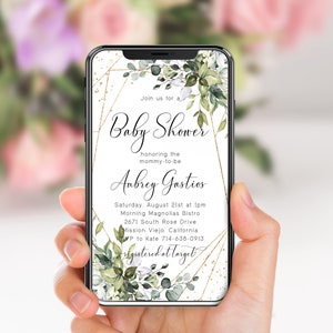 Greenery Baby Shower Phone Invite, Eucalyptus Succulents, Gold Frame, Boy Or Girl, Evite, Electronic Digital Invitation, Gender Neutral