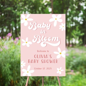 Retro Daisy Welcome Sign, Baby In Bloom, Pink Boho Daisies, Groovy, Spring Summer Baby Shower, Groovy Daisy, Floral, Girl, Welcome Poster