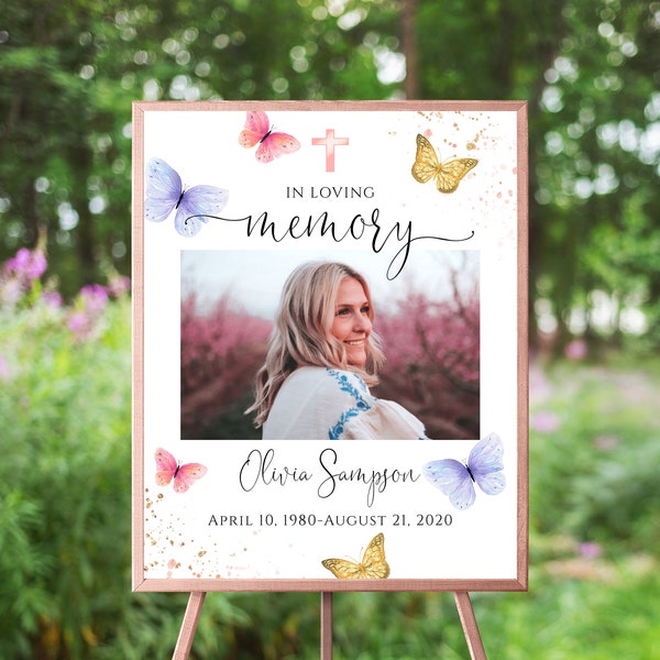 Butterfly Funeral Welcome Sign, Celebration Of Life Poster, Pink Purple Gold Butterflies, Memorial Template, Photo Board, In Loving Memory