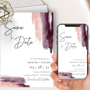 Rose Gold and Merlot Watercolor Save The Date Phone Evite+Printable Invite, Burgundy Cabernet Paint Strokes, Electronic, Modern, Minimalist