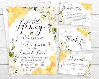 May include: A baby shower invitation with a honeycomb pattern and white flowers. The invitation says "A Little Honey Is On The Way!" and includes the date, time, and location of the shower. There are also cards for a book request, a thank you, and a diaper raffle.