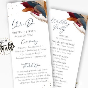 May include: Two wedding ceremony programs with burgundy, navy, and gold watercolour brushstroke accents. The programs include the couple's names, date, ceremony details, and a thank you message. The text "TEXT IS EDITABLE" is also visible.