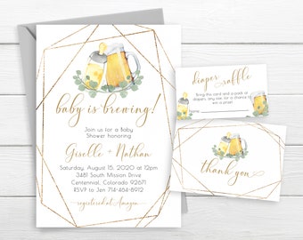 May include: A gold geometric frame surrounds a watercolor illustration of a baby bottle and a beer mug with green leaves. The text "baby is brewing!" is written in a gold script font. The text below reads "Join us for a Baby Shower honoring Giselle + Nathan Saturday, August 15, 2020 at 12pm 3481 South Mission Drive Centennial, Colorado 92671 RSVP to Jen 714-464-8912 registered at Amazon". There are two smaller cards with gold geometric frames. The top card reads "diaper raffle Bring this card and a pack of diapers, any size for a chance to win a prize! Name". The bottom card reads "thank you".