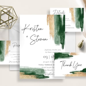 Emerald Collection, Green And Gold Watercolor Splash Wedding Invite, Abstract Minimalist, Gold Glitter, Minimalism, Modern Calligraphy