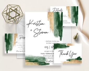 Emerald Collection, Green And Gold Watercolor Splash Wedding Invite, Abstract Minimalist, Gold Glitter, Minimalism, Modern Calligraphy