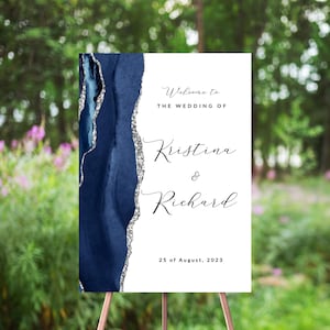 Silver & Navy Blue Welcome Sign, Agate Geode Watercolor, Abstract Minimalist, Silver Sparkle Glitter, Minimalism, Modern, Navy Wedding