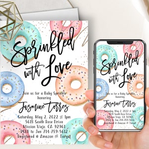 Donut Sprinkle Baby Shower Phone Evite+Printable Invite, Sprinkled With Love, Baby Sprinkle Invitation, Boy, Girl, Gold, Watercolor