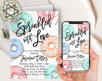 Donut Sprinkle Baby Shower Phone Evite+Printable Invite, Sprinkled With Love, Baby Sprinkle Invitation, Boy, Girl, Gold, Watercolor