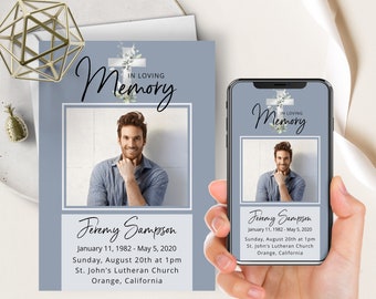 May include: A blue and white memorial card with a photo of a man and the text "In Loving Memory Jeremy Sampson January 11, 1982 - May 5, 2020 Sunday, August 20th at 1pm St. John's Lutheran Church Orange, California"