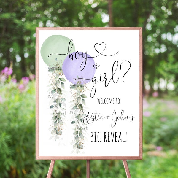 Sage and Lavender Balloons Gender Reveal Welcome Sign, 3 Sizes Included, Sage Green & Purple Watercolor Balloons, Eucalyptus Greenery, Gold