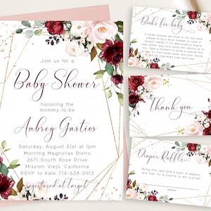 Marsala Floral Baby Shower Invite Set, Gold Frame Burgundy Merlot, Blush Pink Watercolor, Baby Girl, Red Floral, Boho Chic, Gold Glitter