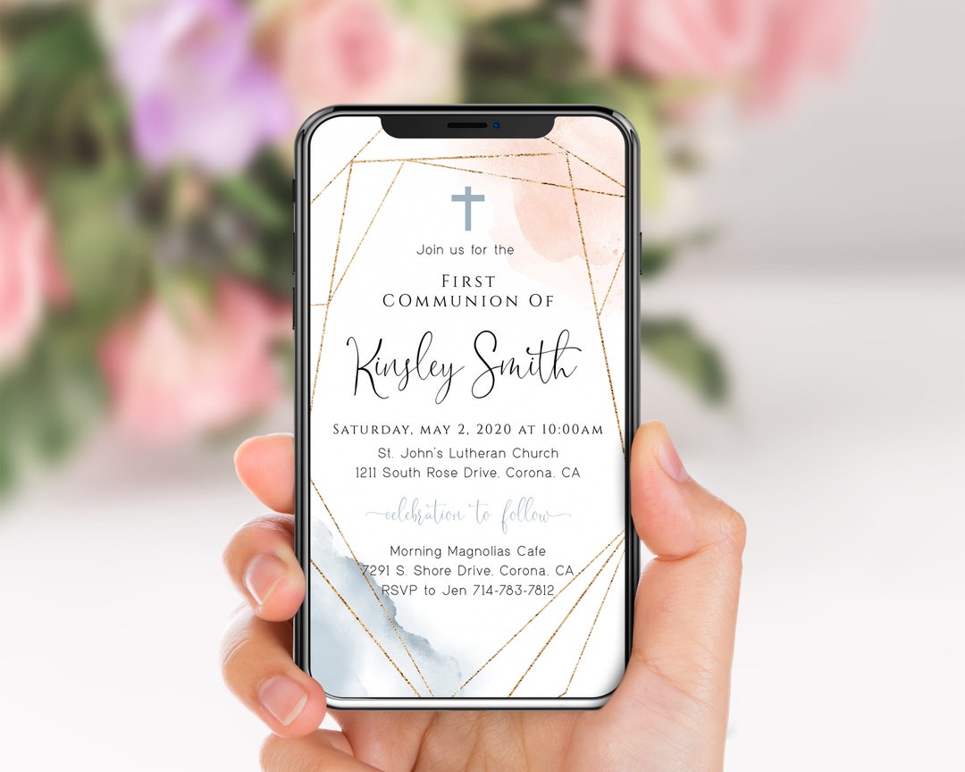 First Holy Communion Evite, Dusty Blue and Blush Pink Watercolor, Girl ...