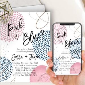 Abstract Gender Reveal Phone Evite+Printable Invite, Pink Or Blue, Organic Shapes, Watercolor Shapes, Reveal Party, He Or She, Gold