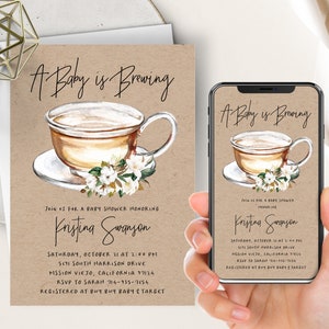 A Baby Is Brewing Invite, Tea, Coffee, Brewing Baby Shower Evite, Magnolia Cotton Floral, Kraft, Tea Party, Something Sweet Is Brewing,Phone