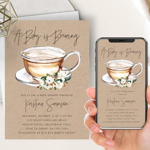 Un invito per un bambino sta per nascere, tè, caffè, invito per baby shower in preparazione, fiori di cotone magnolia, Kraft, Tea Party, Qualcosa di dolce sta per nascere, telefono