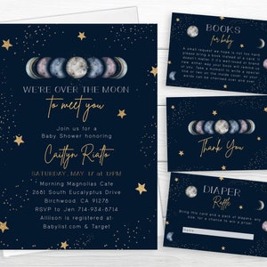 Moon Phases Baby Shower Invite, Celestial Moon Phases, Outer Space, We're Over The Moon To Meet You, To The Moon And Back, Gold Stars