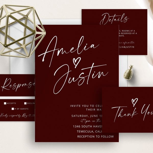 Burgundy Wedding Invitation Set: Minimalist Earth Tones (Digital Download)
